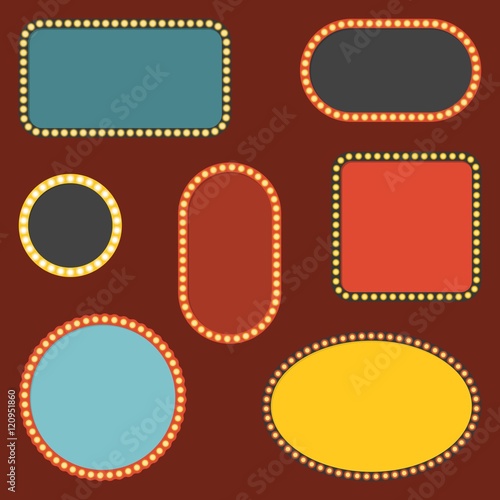 Set of Retro Circle, round corner, eclipse, Square light Bulb, Signboard for text with light bulbs,Vector illustration flat design