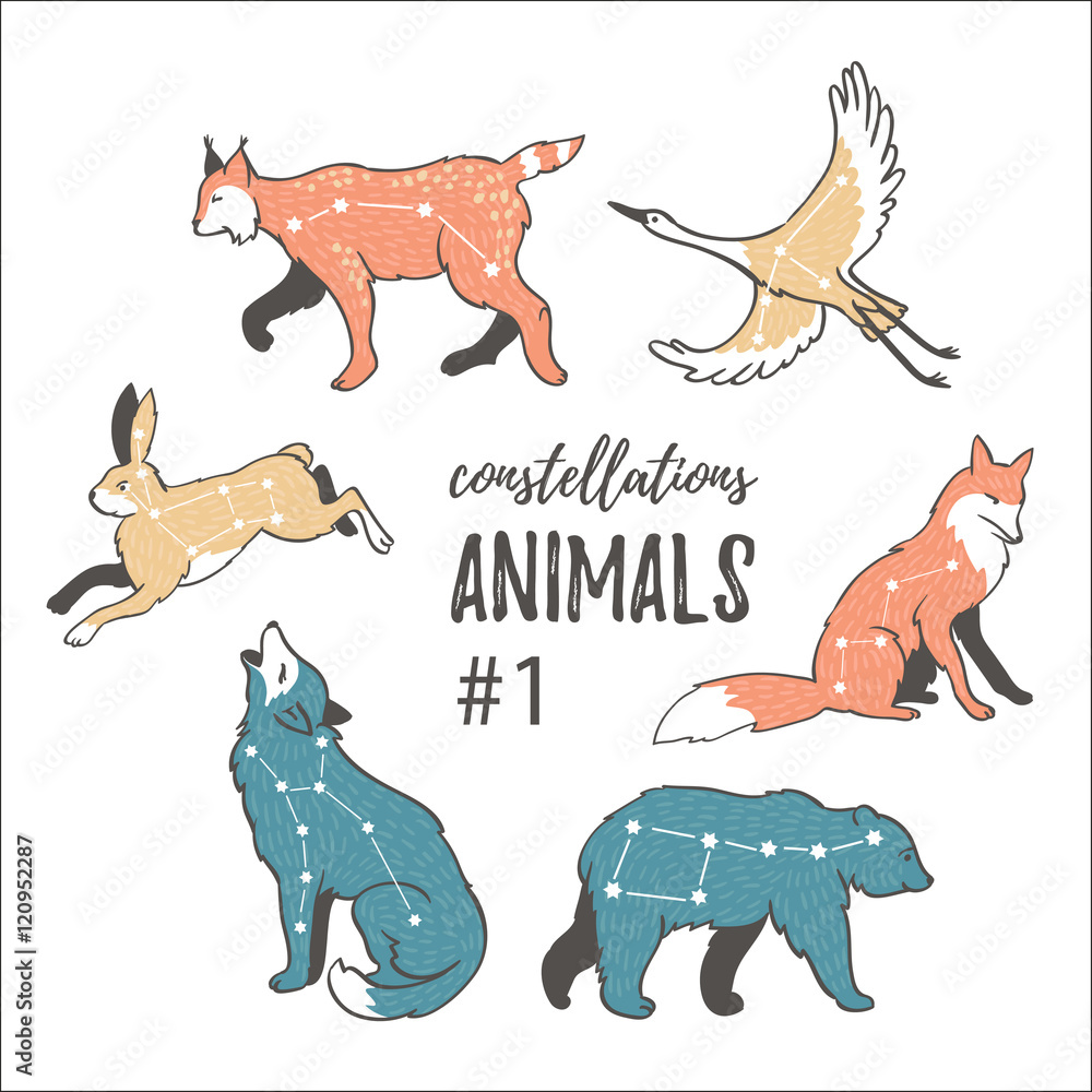 Obraz premium Vector space set with cosmic animals. Hand drawn star animals in hipster style. Set of constellations of animals isolated on the white background.