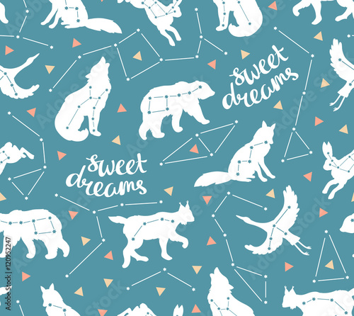 Seamless pattern with star animals. Vector hipster background with star sky. Fashion design for fabric, wallpaper or gift wrap.