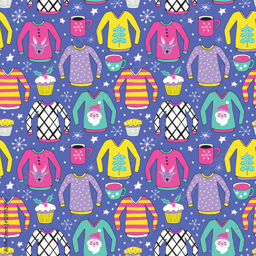 Christmas ugly sweater seamless pattern design. Hand drawing vec