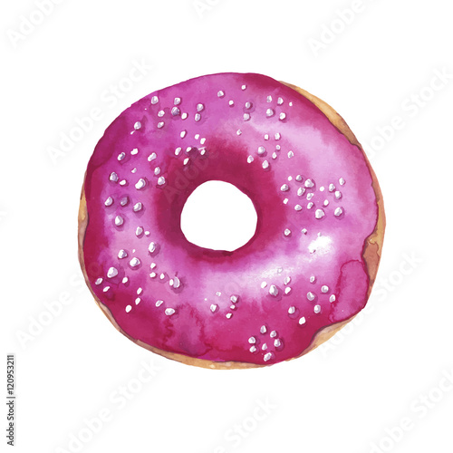 Pink glazed sweet donut painted by watercolor on white background. Hand drawn vector illustration.