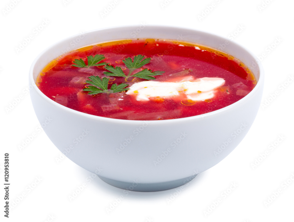Hot borsch in a white bowl isolated on a white Hot borsch in a white bowl isolated on a white
