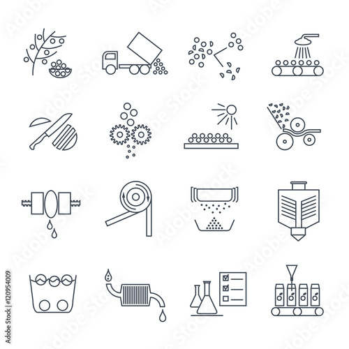 set of thin line icons juice production process