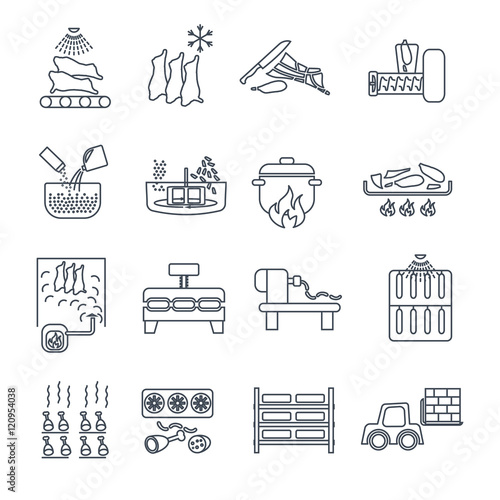 set of thin line icons meat products production process
