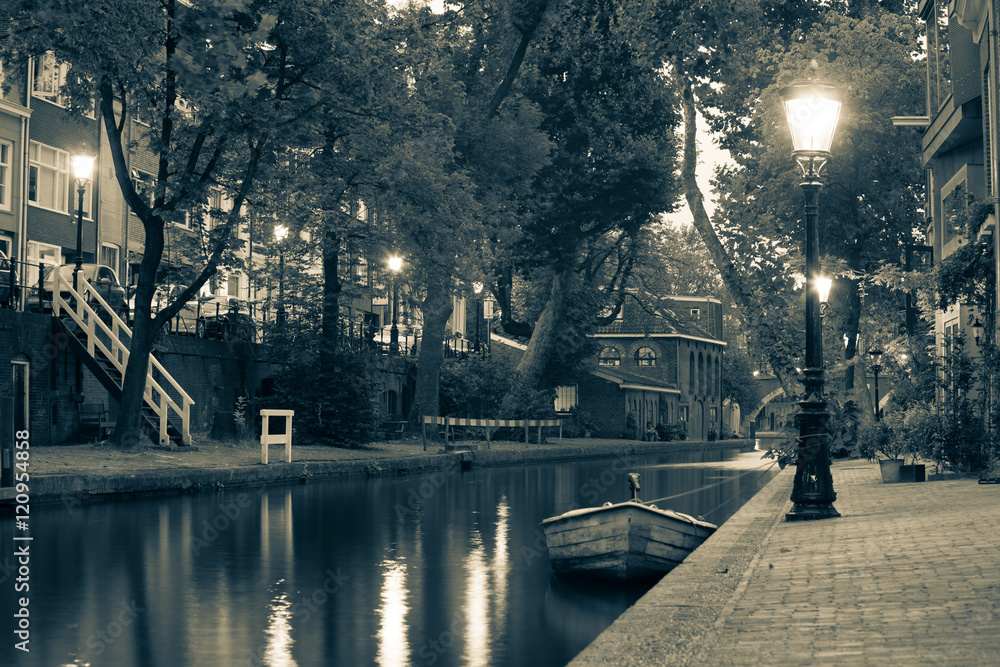 Old canal Oudegracht in historical center of Utrecht city