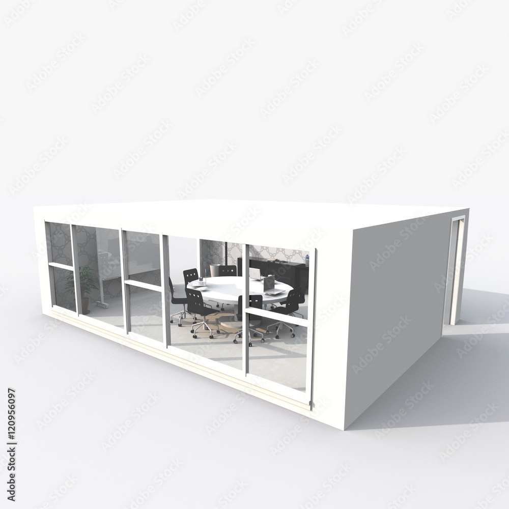 3d exterior rendering of furnished meeting room with big glass window 3d exterior rendering of furnished meeting room with big glass window