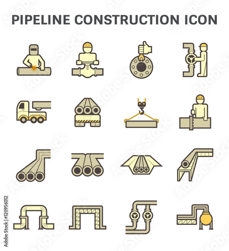 Pipeline construction, maintenance and repair vector icon. By crane, worker, welder and welding work. For transportation or supply crude oil, natural gas, gasoline or petroleum in industrial plant.