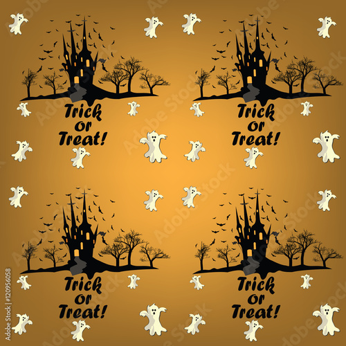 Halloween Pattern for fabric, wrapping paper. Trick or Treat - Halloween pattern with castle, bats and cats. Print colors used.
 photo