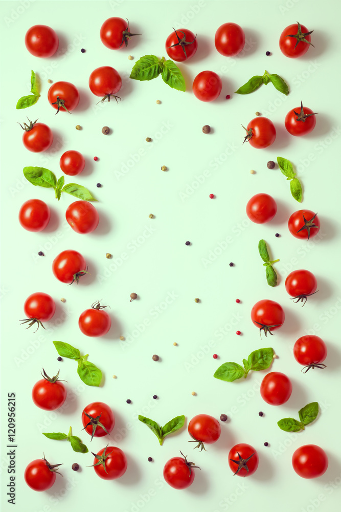 top down of beautiful frame cherry tomato, dry peppers and green top down of beautiful frame cherry tomato, dry peppers and green