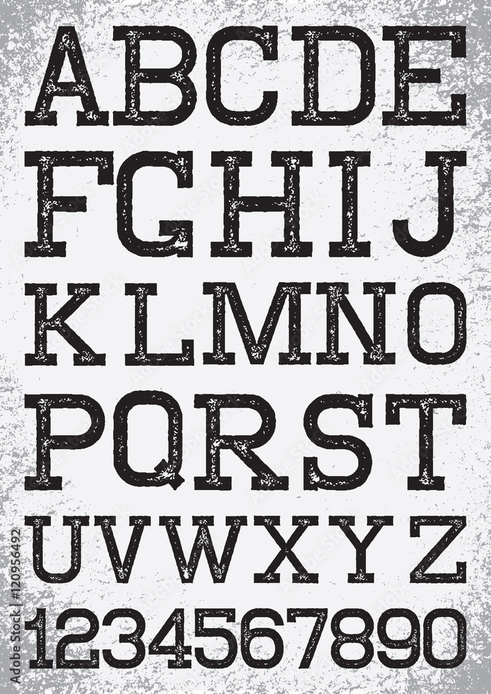 Vintage retro font stamped type, black scratched letters on the background