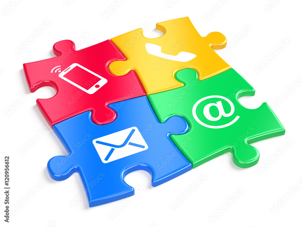 Website contact us concept - colorful puzzles witn contacts icons. 3d illustration Website contact us concept - colorful puzzles witn contacts icons. 3d illustration