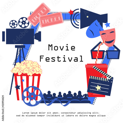 Cinema sign with cinema icons set in flat design style.