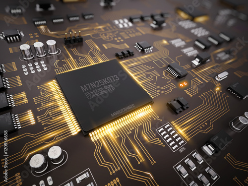 Obraz na plátně High tech electronic PCB (Printed circuit board) with processor, microchips and glowing digital electronic signals