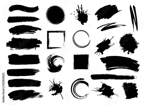 Set of hand drawn brushes and design elements. black paint, ink brush strokes. Grunge circle, square. Artistic creative shapes. Vector illustration.