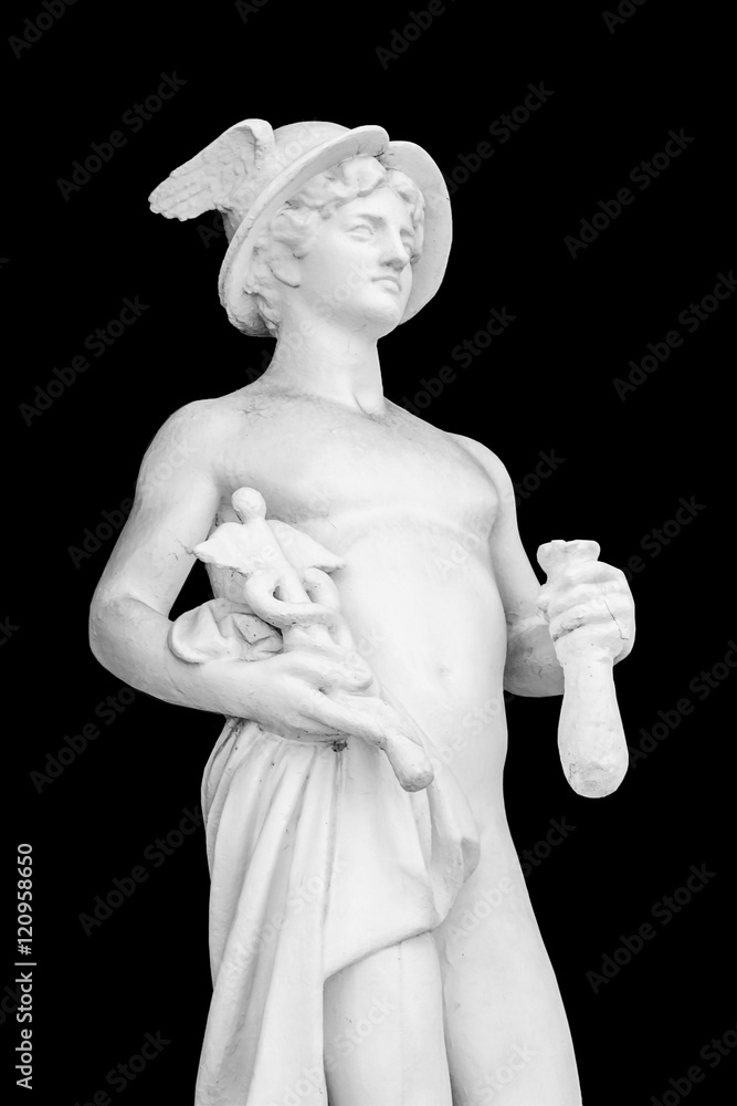 Isolated White Statue of the God Hermes on dark black background Isolated White Statue of the God Hermes on dark black background
