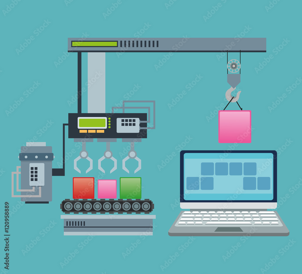Blocks factory and laptop icon. Industry app and construction theme. Colorful design. Vector illustration Blocks factory and laptop icon. Industry app and construction theme. Colorful design. Vector illustration