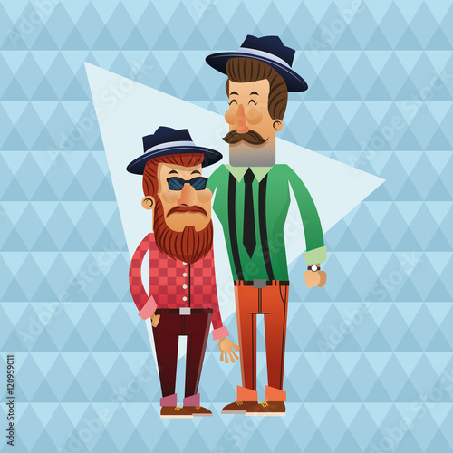 Couple of hipster men cartoon icon. Style fashion vintage and culture theme. Colorful design. Polygonal background. Vector illustration