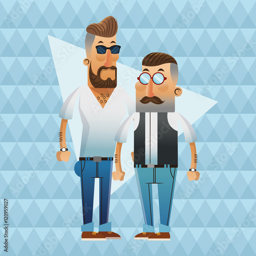 Couple of hipster men cartoon icon. Style fashion vintage and culture theme. Colorful design. Polygonal background. Vector illustration