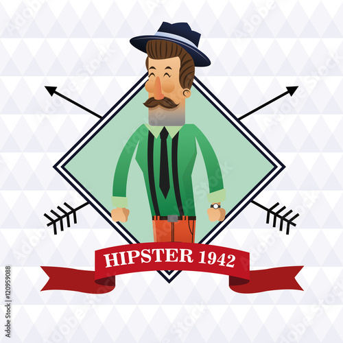 Hipster man cartoon with mustache and hat inside frame with ribbon icon. Style fashion vintage and culture theme. Colorful design. Polygonal background. Vector illustration