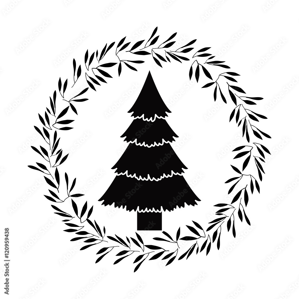 Fototapeta premium Pine tree and leaves crown icon. Merry Christmas season decoration figure theme. Black and white design. Vector illustration