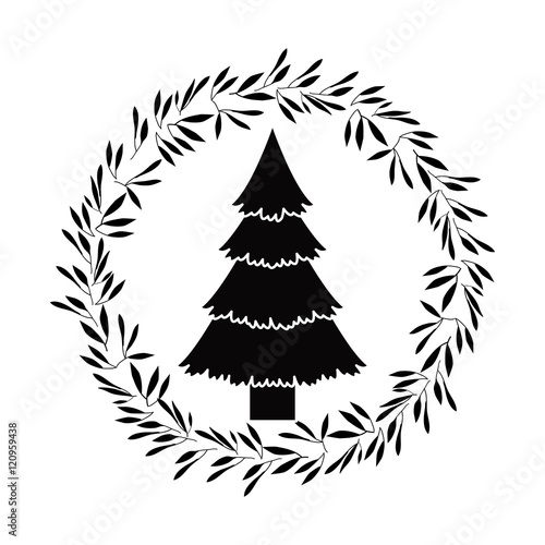 Pine tree and leaves crown icon. Merry Christmas season decoration figure theme. Black and white design. Vector illustration