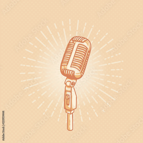 Retro golden microphone. Hand drawn retro illustration with sunburst. Suitable for banner, ad, t-shirt design. Vintage design element