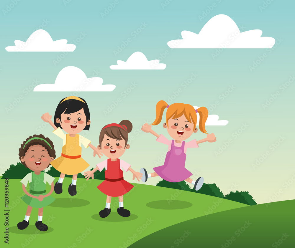 Group of happy girls cartoon kids. Childhood student and happyness theme. Colorful design. Vector illustration Group of happy girls cartoon kids. Childhood student and happyness theme. Colorful design. Vector illustration