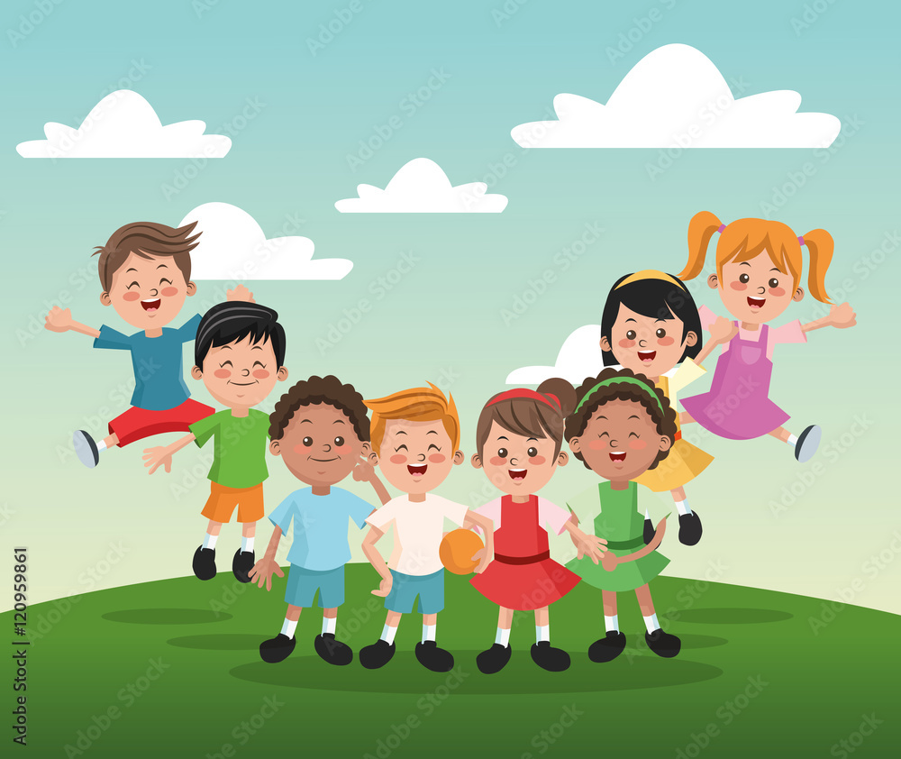 Group of happy girls and boys cartoon kids. Childhood student and happyness theme. Colorful design. Vector illustration