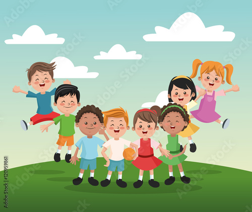 Group of happy girls and boys cartoon kids. Childhood student and happyness theme. Colorful design. Vector illustration
