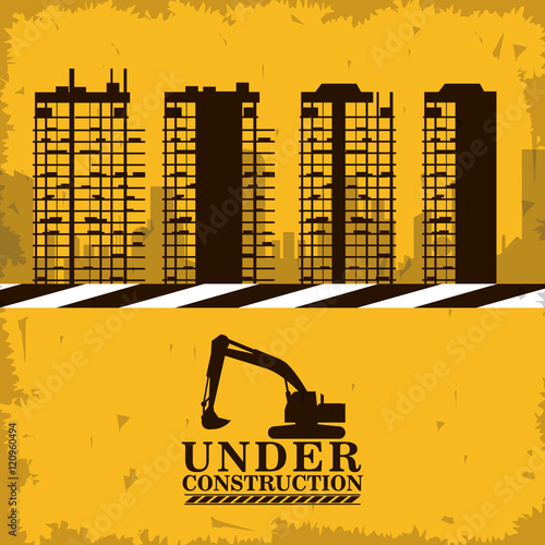 Hydraulic excavator and building icon. Under construction and repair theme. grunge design. Vector illustration