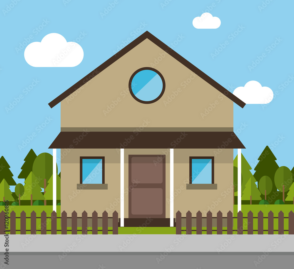 Home building with clouds and trees icon. House architecture family and real estate theme. Colorful design. Vector illustration