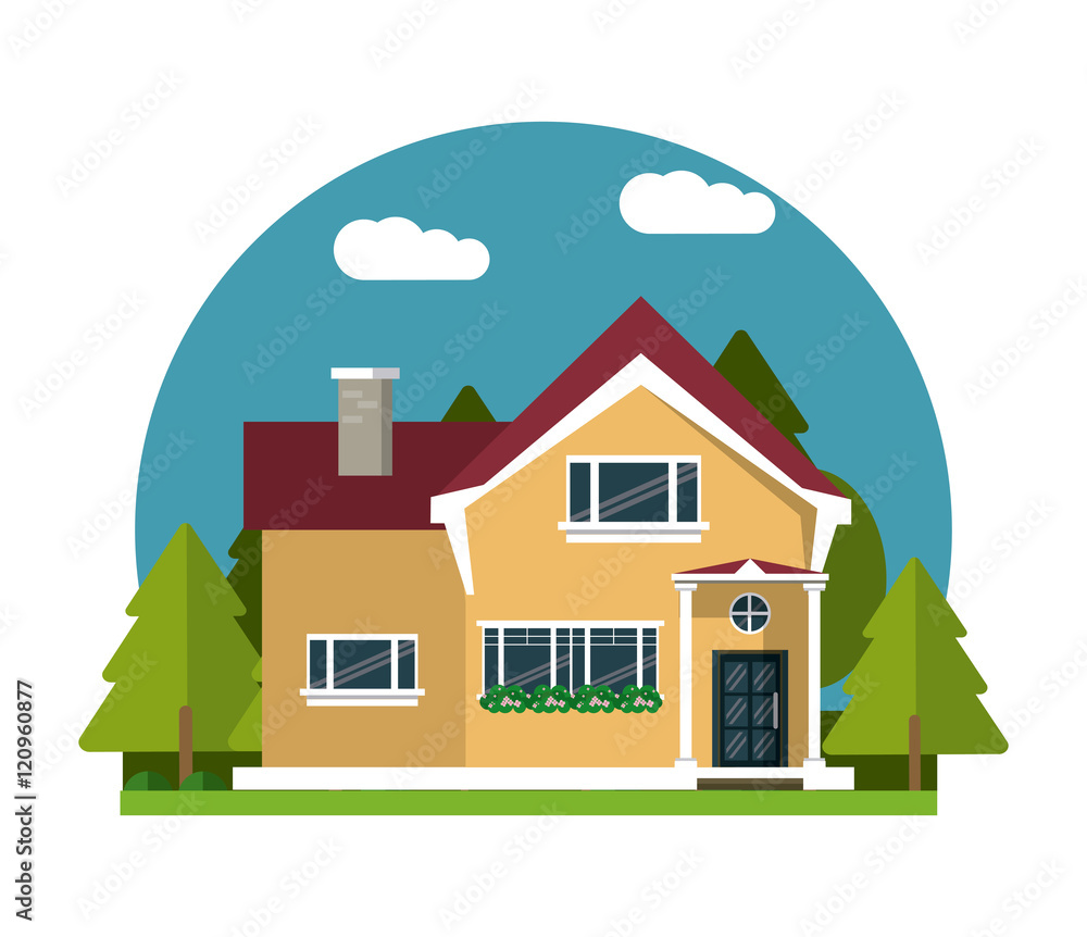 Home building with clouds and trees icon. House architecture family and real estate theme. Colorful design. Vector illustration