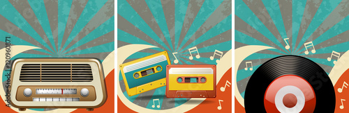 Retro background design with old radio and casettes
