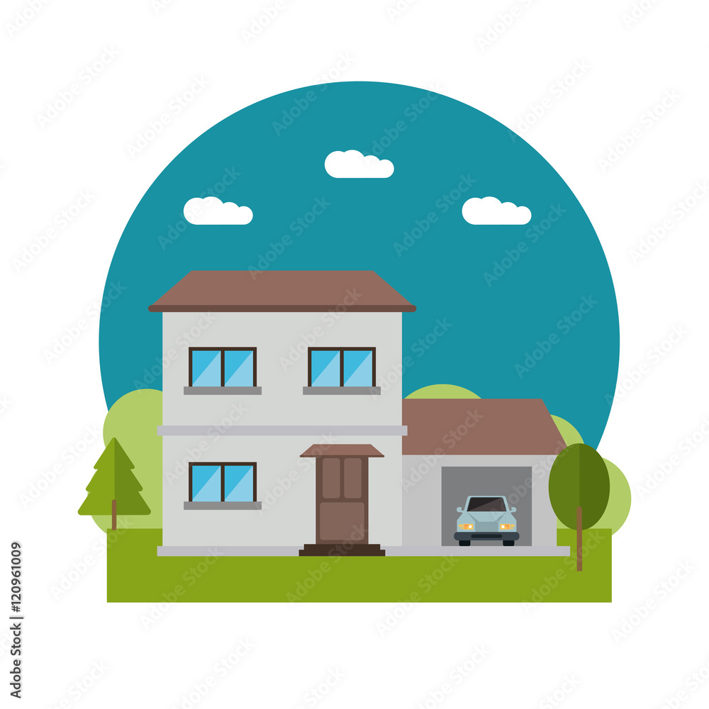 Home building with clouds and trees icon. House architecture family and real estate theme. Colorful design. Vector illustration