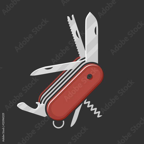 Red Swiss Folding knife flat icon vector; Multi-tool instrument sign vector isolated