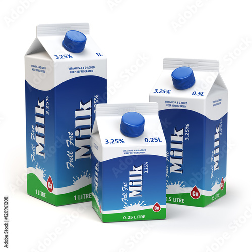 Milk carton packs isolated on white. Milk boxes.
