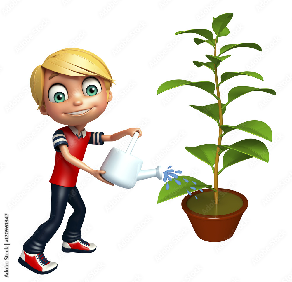 kid boy with plant & watering can kid boy with plant & watering can