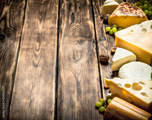 Different flavored cheeses with walnuts and white grapes.