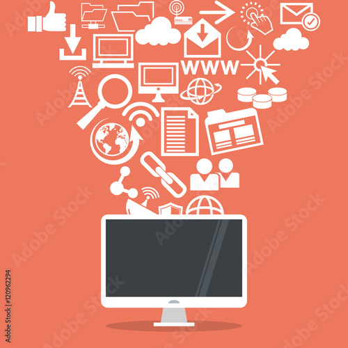 Computer and icon set. Internet of Things and media theme. Vector illustration