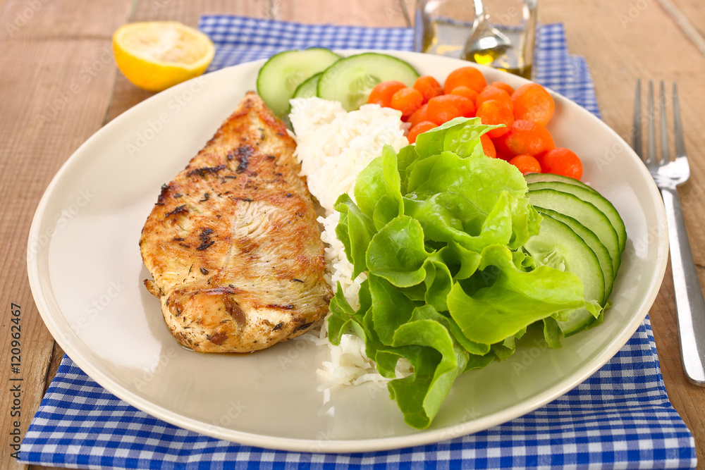 Putensteak mit Reis und Salat Putensteak mit Reis und Salat