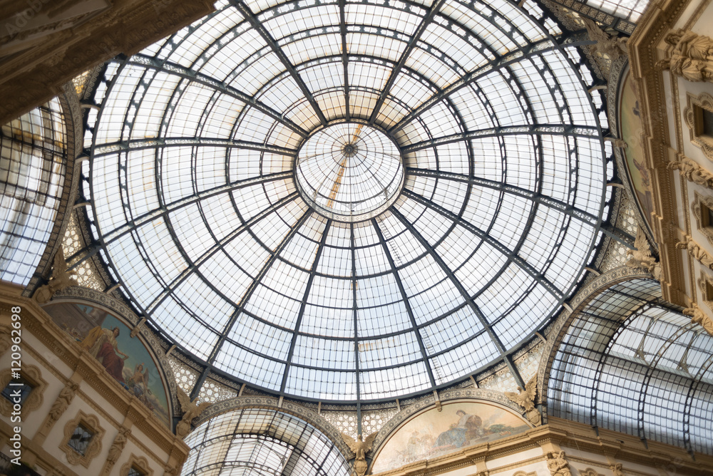 Milan public shopping gallery area Galleria Vittorio Emanuele II ceiling top, Italy