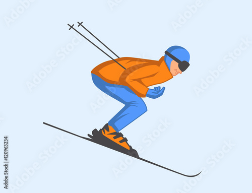 Vector illustration of skier speeding down slope.