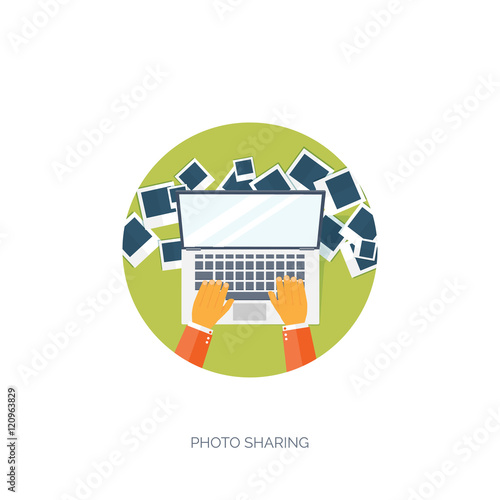 Vector illustration. Flat background. Social media, chatting. Global communication. Laptop, computer, loudspeaker. Emailing. Web chat, internet messages. Sms.
