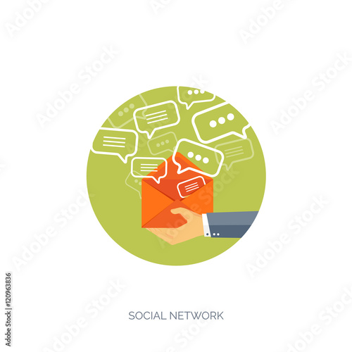 Vector illustration. Flat background. Social media, chatting. Global communication. Laptop, computer, loudspeaker. Emailing. Web chat, internet messages. Sms.