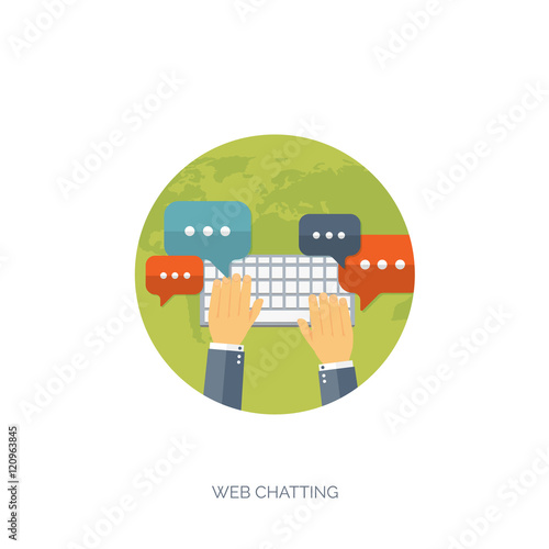 Vector illustration. Flat background. Social media, chatting. Global communication. Laptop, computer, loudspeaker. Emailing. Web chat, internet messages. Sms.