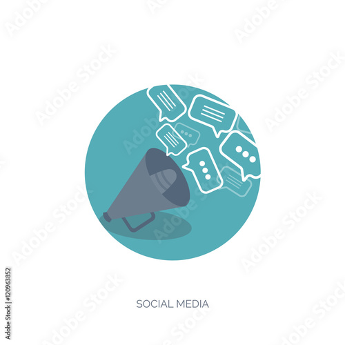 Vector illustration. Flat background. Social media, chatting. Global communication. Laptop, computer, loudspeaker. Emailing. Web chat, internet messages. Sms.