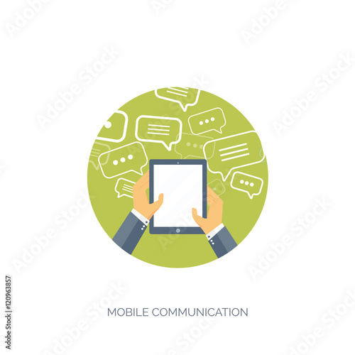 Vector illustration. Flat background. Social media, chatting. Global communication. Laptop, computer, loudspeaker. Emailing. Web chat, internet messages. Sms.