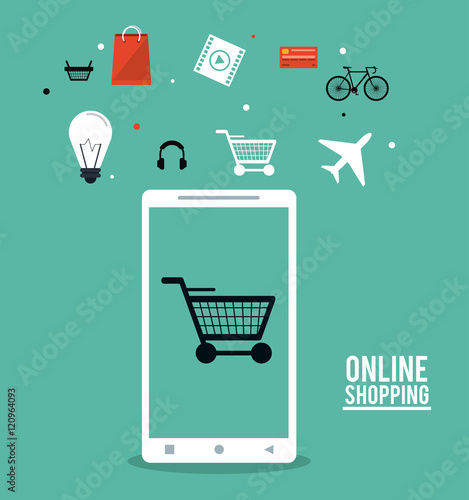 Smartphone bag airplane movie headphone and cart icon. Shopping online ecommerce and media theme. Colorful design. Vector illustration