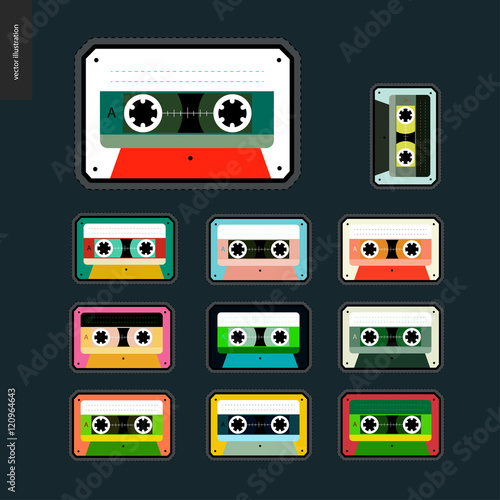Patches, hand drawn vector stickers set. A set of eleven flat cartoon hand drawn patches with plastic cassette musical tapes, coloured in different colours.