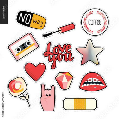 Set of contemporary girlish patches elements. A set of vector girls stuff like makeup, hearts, phrases, notes, stickers, stars, wings, tape, popsicle, lips Vector stickers kit